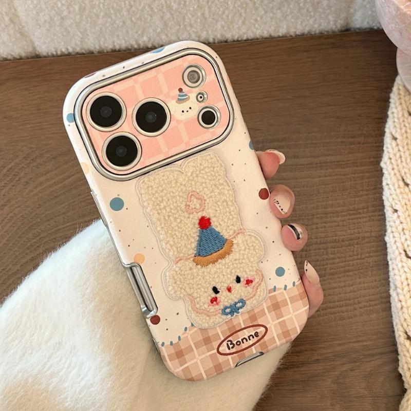 Korean Cartoon Embroidery Plush Animals Leather Texture Phone Case For iPhone 17 13 14 15 16 12 11 Pro Max Shockproof Soft Cover