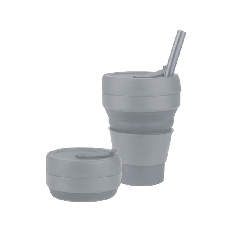 Silikonový skládací kávový hrnek, stlačitelný kelímek na vodu, kapesní hrnek, zatahovací, jednobarevná láhev na vodu se slámkou, 350 ml