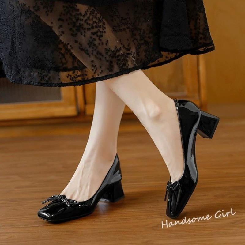 

Женские туфли-лодочки на kitten heel 2026 Новая мода Бант Французский Квадратный носок Блок-каблук Туфли-лодочки 35 чёрный