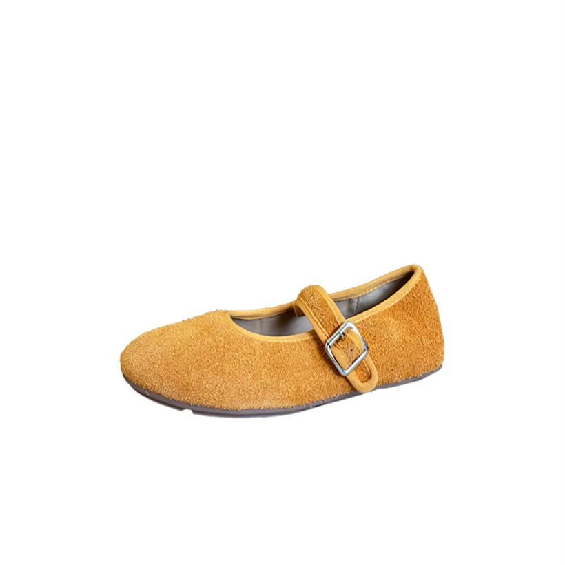 The first layer of cowhide small single shoes for women's autumn new one-word buckle with shallow mouth round head flat bottom versatile