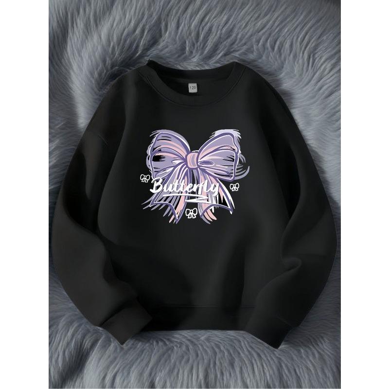 Kids Butterfly Print Crewneck Sweatshirt, Cute Letter Butterfly Pattern Soft Round Neck Top 110