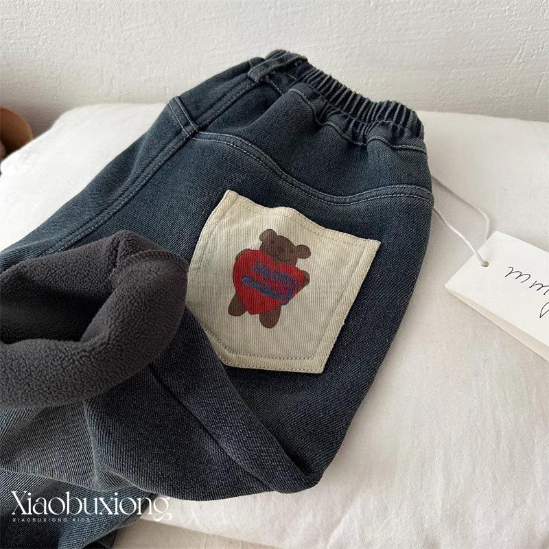 Kids Fleece-Lined Denim Pants with Cute Bear Print for Boys and Girls