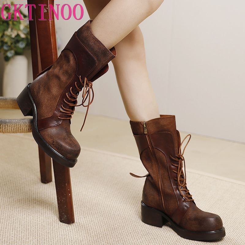 Fashion GKTINOO Women Motorcycle Boots Genuine Leather 2025 New Zip Round Toe Women Shoes Sewing Handmade Retro Ankle Platform Boots