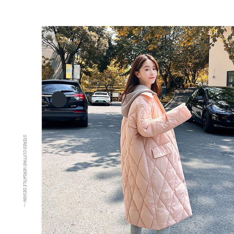 Dámská podzimní a zimní bunda volného střihu bavlněná bunda s dlouhým rukávem dlouhý bavlněný kabát kontrastní barva zahuštěná jednobarevná bunda