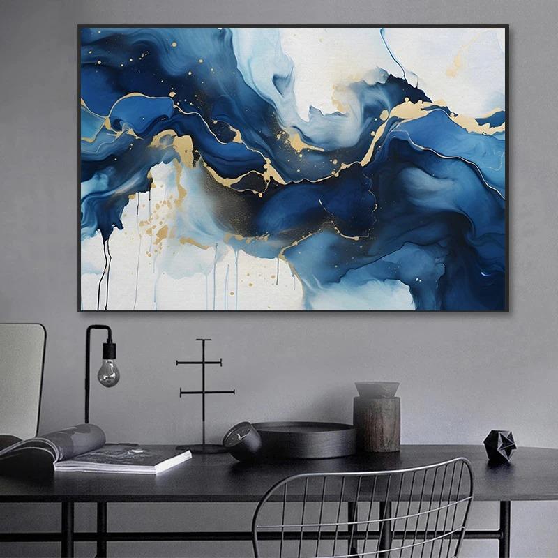 Modern Blue and Gold Abstract Posters Swirling Lines Prints Canvas Oil Painting Wall Art Pictures Home Living Room Decoration