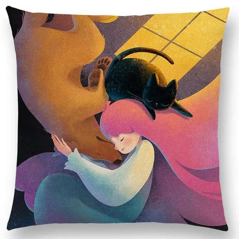 Neuankömmling Bunte Träume Schwarze Katze Niedliche Mädchen Magische Sonne Mond Warm Stern Kissenbezug Autoabdeckungen Sofa Wurfkissenbezug