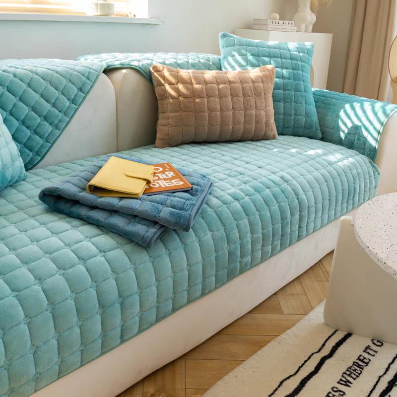 Verdicktes Flanell Sofakissen Einfaches Karomuster Samt Plüsch Rutschfestes Kissen Leder Staubdicht Wohnzimmer Sofaüberwurf Armlehnenhandtuch