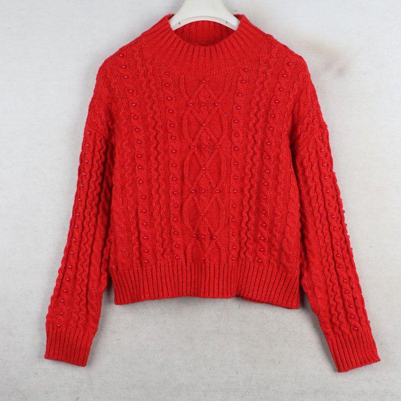 

Sunshine Home Autumn and Winter New Foreign Trade European and American Plus size women clothing Short Order Beads Sweater Twist Long sleeve Knit Red XXL: Bust size 124