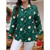 Cute Santa Claus Print Cardigan Shirt For Women 2025 Autumn Fashion Christmas Party Tops Casual Long Sleeve Lapel Button Blouse