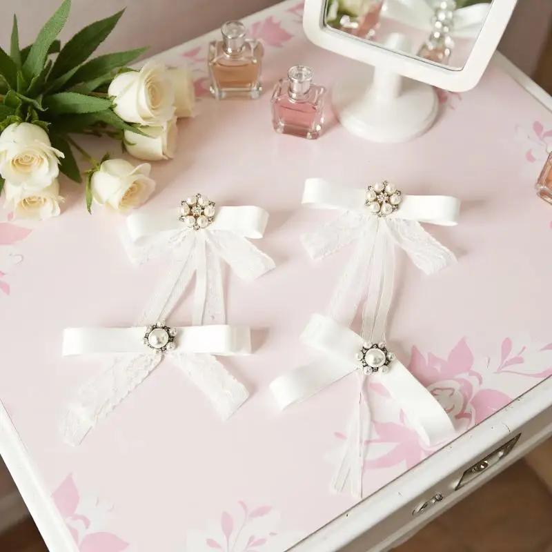 Fashion Black Lace Brooch Bow White Pearl Brooch Tie For Women Clothing Neckline Decoration Ribbon Tie Jewelry Accessories
