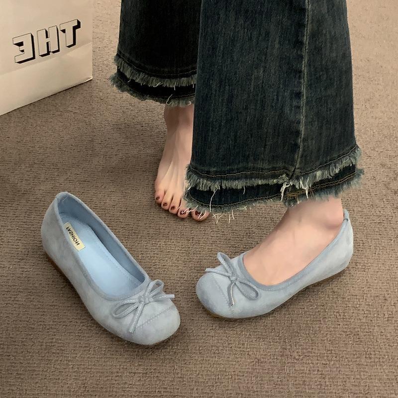 French shallow bow single shoes women's spring new flat-bottomed temperament inner height-increasing ballet shoes Mary Jane shoes