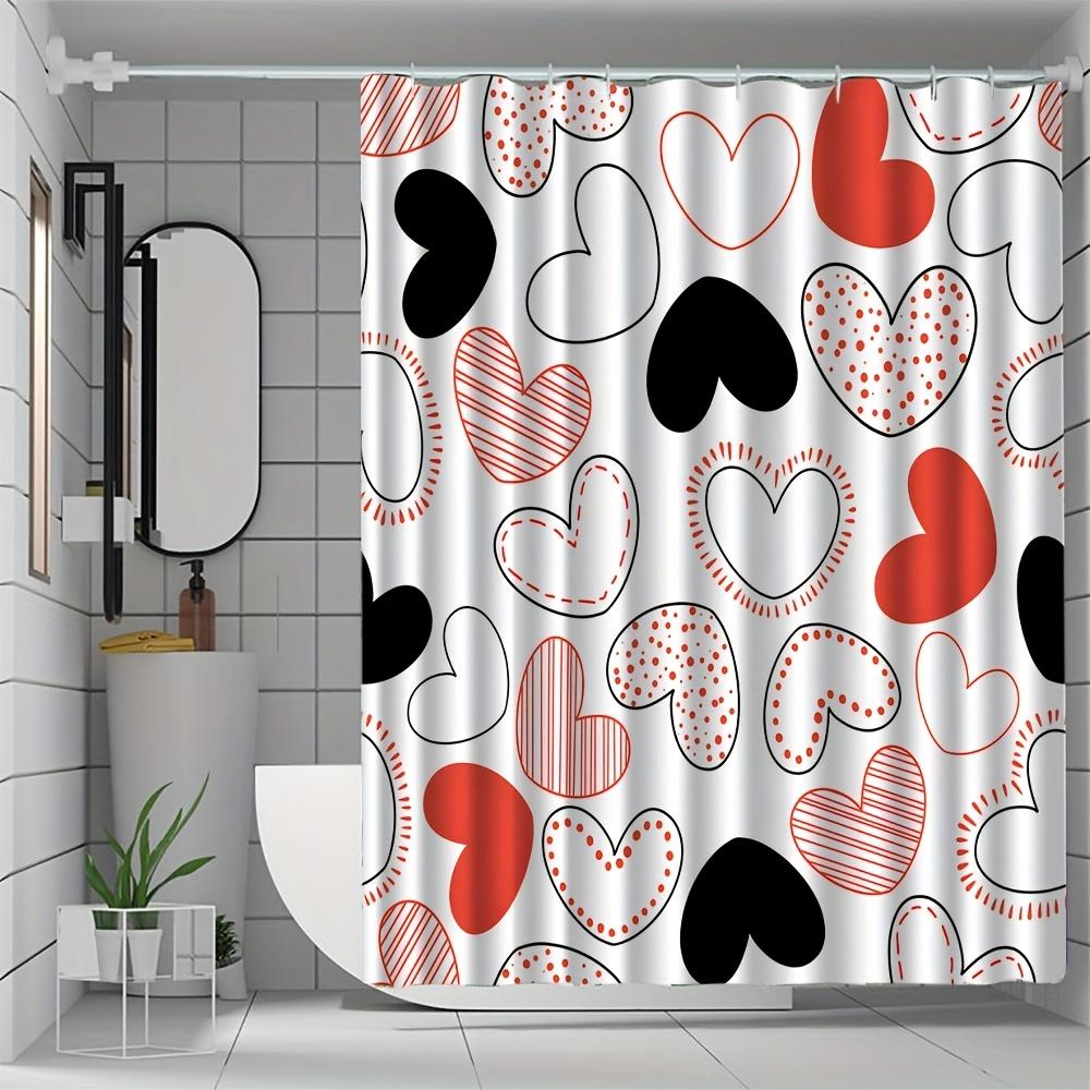 Red and black heart-patterned shower curtain, polyester fabric, machine washable, with hooks, suitable for bathroom decoration.