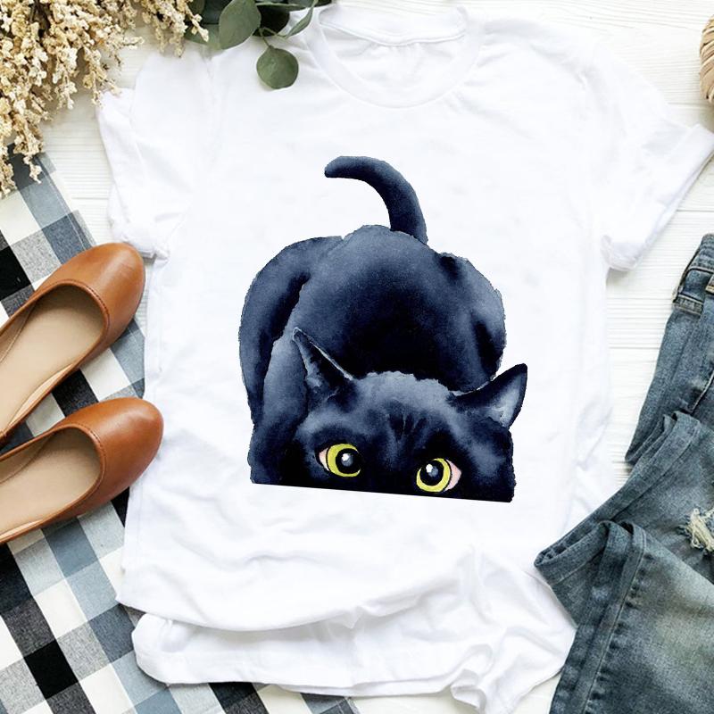 Women Lady Cartoon Cat Coffee Life Pet Cute Trend Fashion Print Tshirt Shirt Clothes Top Graphic Female T Tee Womens Tshirt