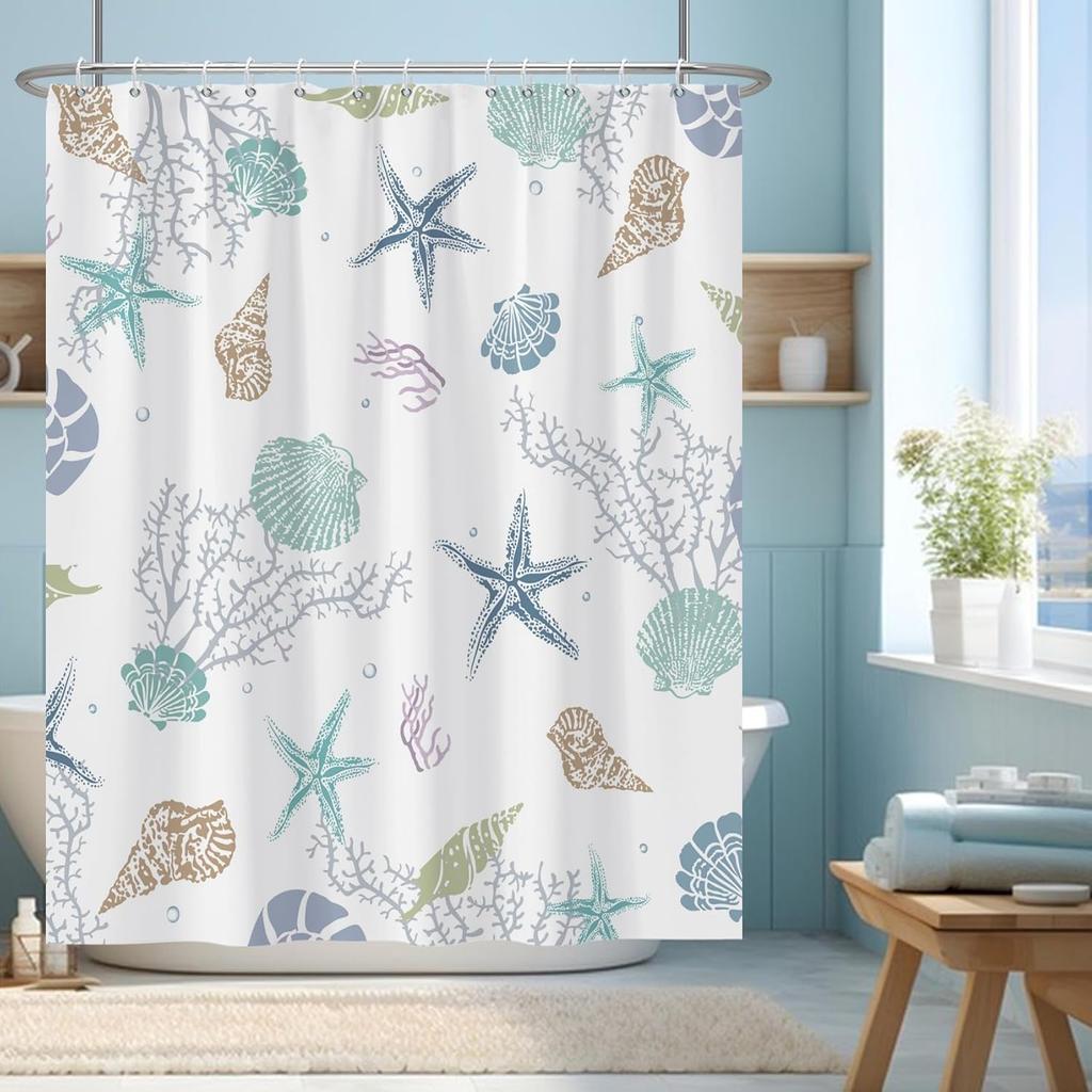 Ocean Theme Shower Curtain, Starfish Coral Nautical Coastal Shower Curtain Set for Bathroom, Nautical Marine Theme Seashell Conch Fabric Bath Curtain
