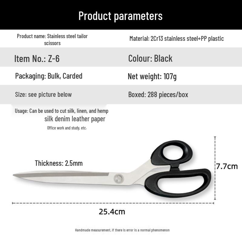 Large Stainless Steel Tailor Scissors with Plastic Handle for Cutting Fabric, Leather, Rope, and Line