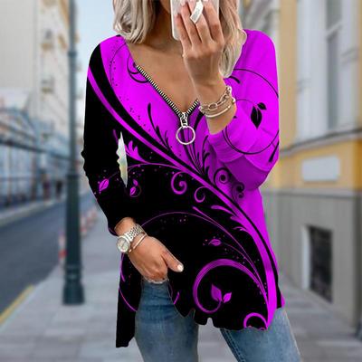 Damen Herbst Kreatives Design Bedruckte Langarm-T-Shirts Lockerer V-Ausschnitt Übergröße T-Shirt Tops Bequeme Bluse