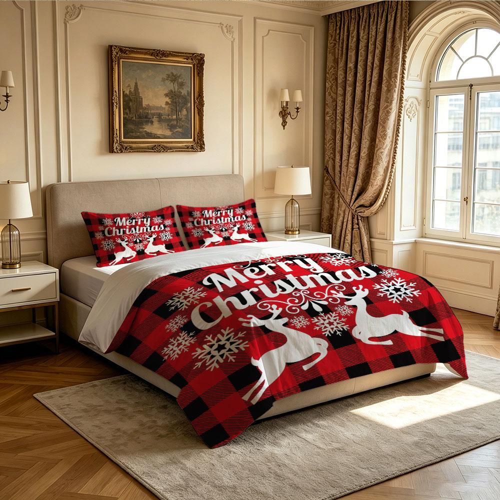3pcs(1 Bedspread + 2 Pillowcases) Featuring a Red and Black Plaid Christmas Reindeer Perfect for Home Decoration