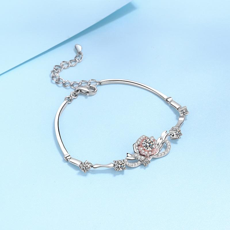 Color Separation Rose Bracelet Women's S925 Silver Plated Pt950 Platinum Moissanite Diamond Bracelet