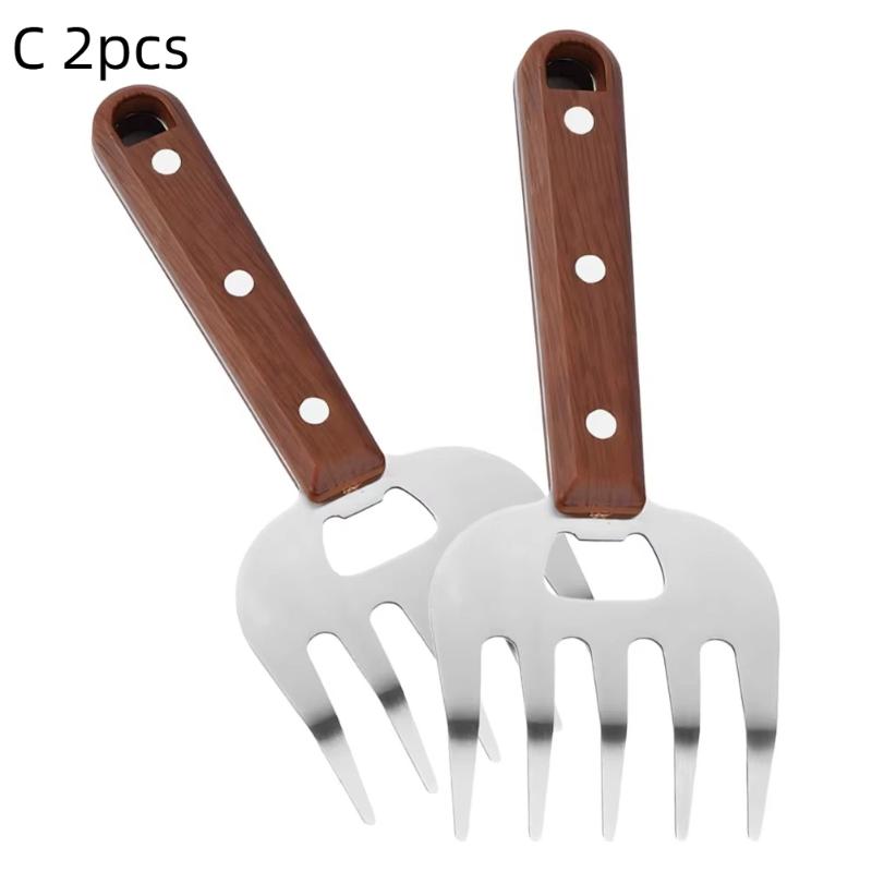 1/2 Pièces Coupe-Viande en Acier Inoxydable Protecteur de Doigt Fourchette à Viande de Cuisine Manche en Bois Manche Long Griffes Outil de Grillade Barbecue