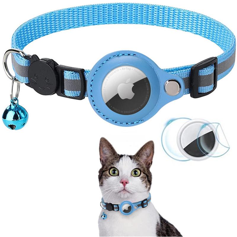 

For AirTag PU Leather Case Reflective Pet Collar GPS Tracker Protective Cover with Bell Sky Blue