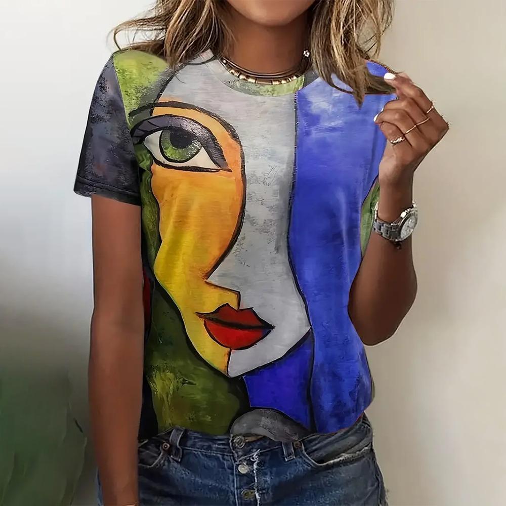 

Summer New Funny T-Shirts Abstract Face 3D Print Women s Round Neck Short Sleeve T Shirt Harajuku Tees Y2k Tops Female Clothing M