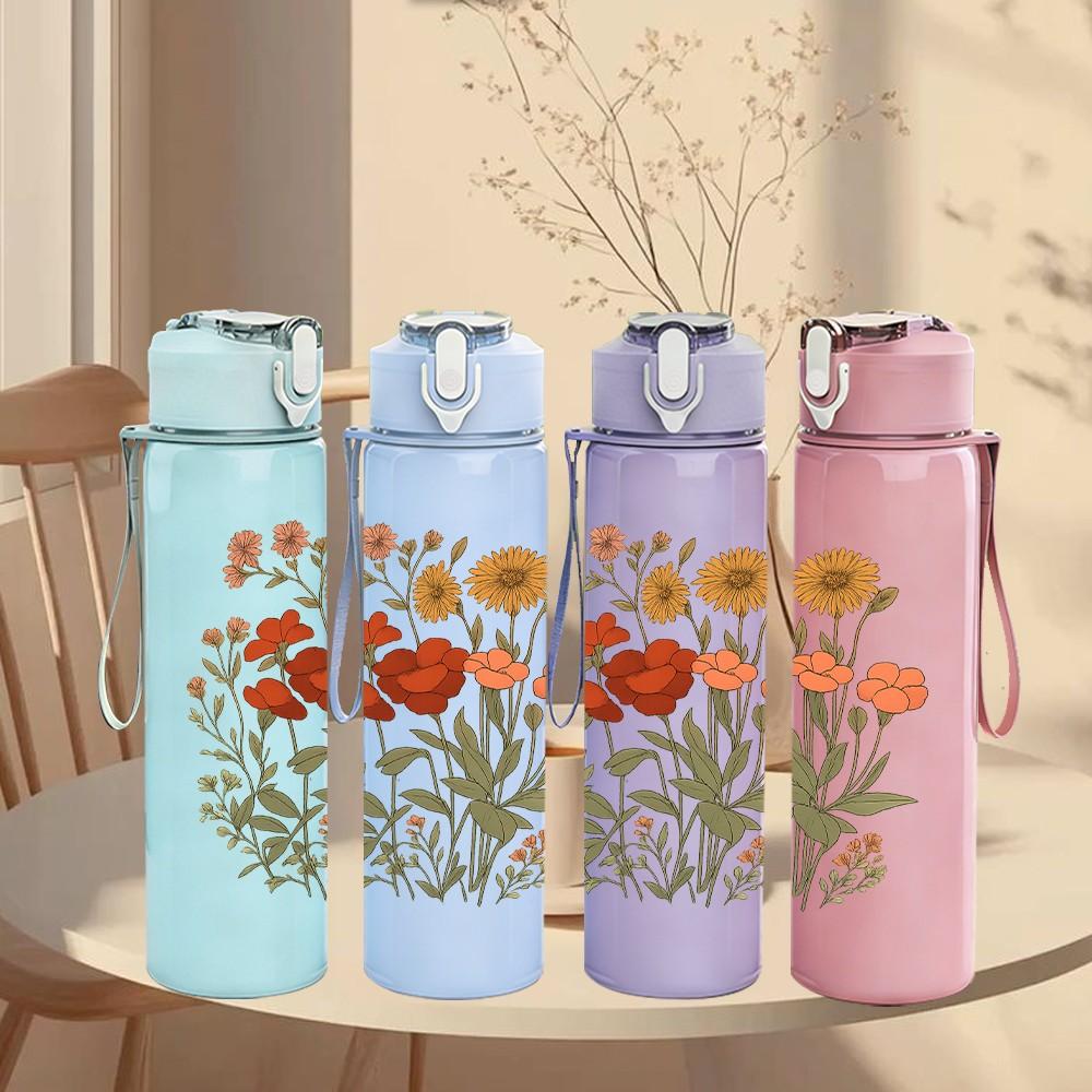 1PC Wild Orange Flower Bouquet Art 750ml Color Plastic Sports Water Bottle Leakproof Flip Straw Lid Suitable for Sports Office Home Use