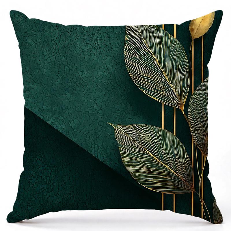 Green Leaf Patterned Cushions With Gold Accents Square Polyester Pillowcase, Modern Sofa Decorative Cushion Cover