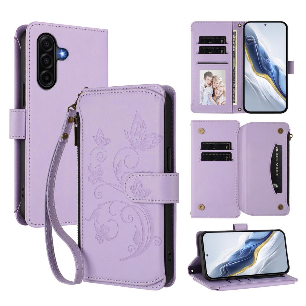 For Samsung Galaxy A57 5G Leather Case Butterfly Floral Imprint Zipper Wallet Stand Cover with Wrist Strap