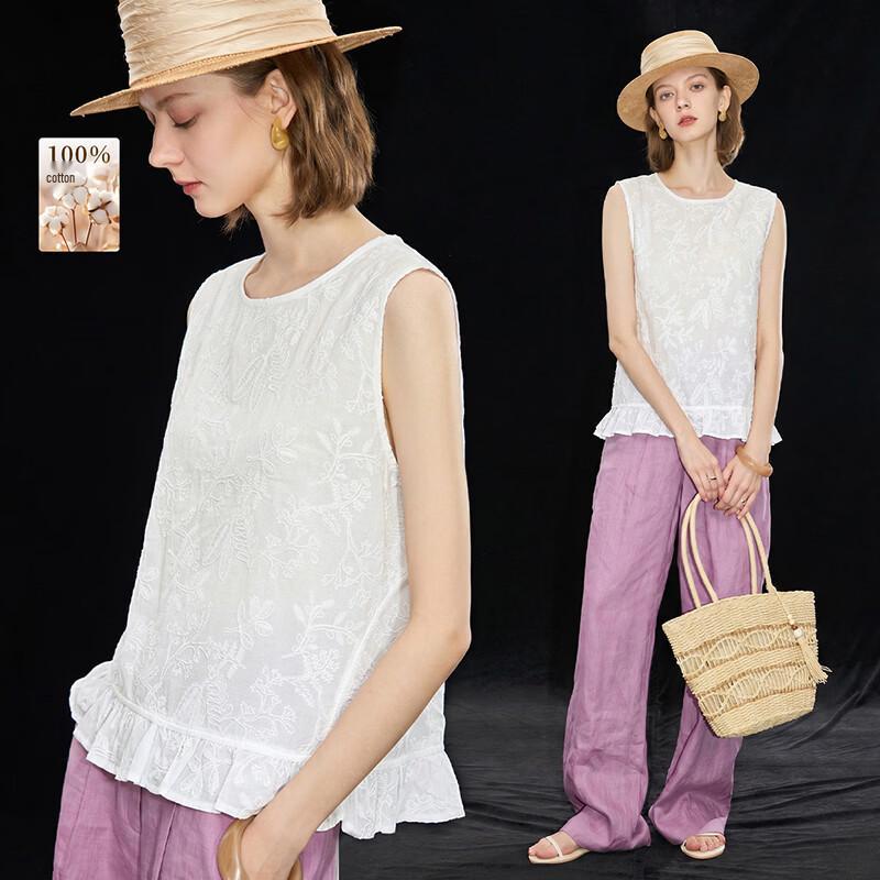 Women s Embroidered Cotton Ruffle Hem Tank Top L