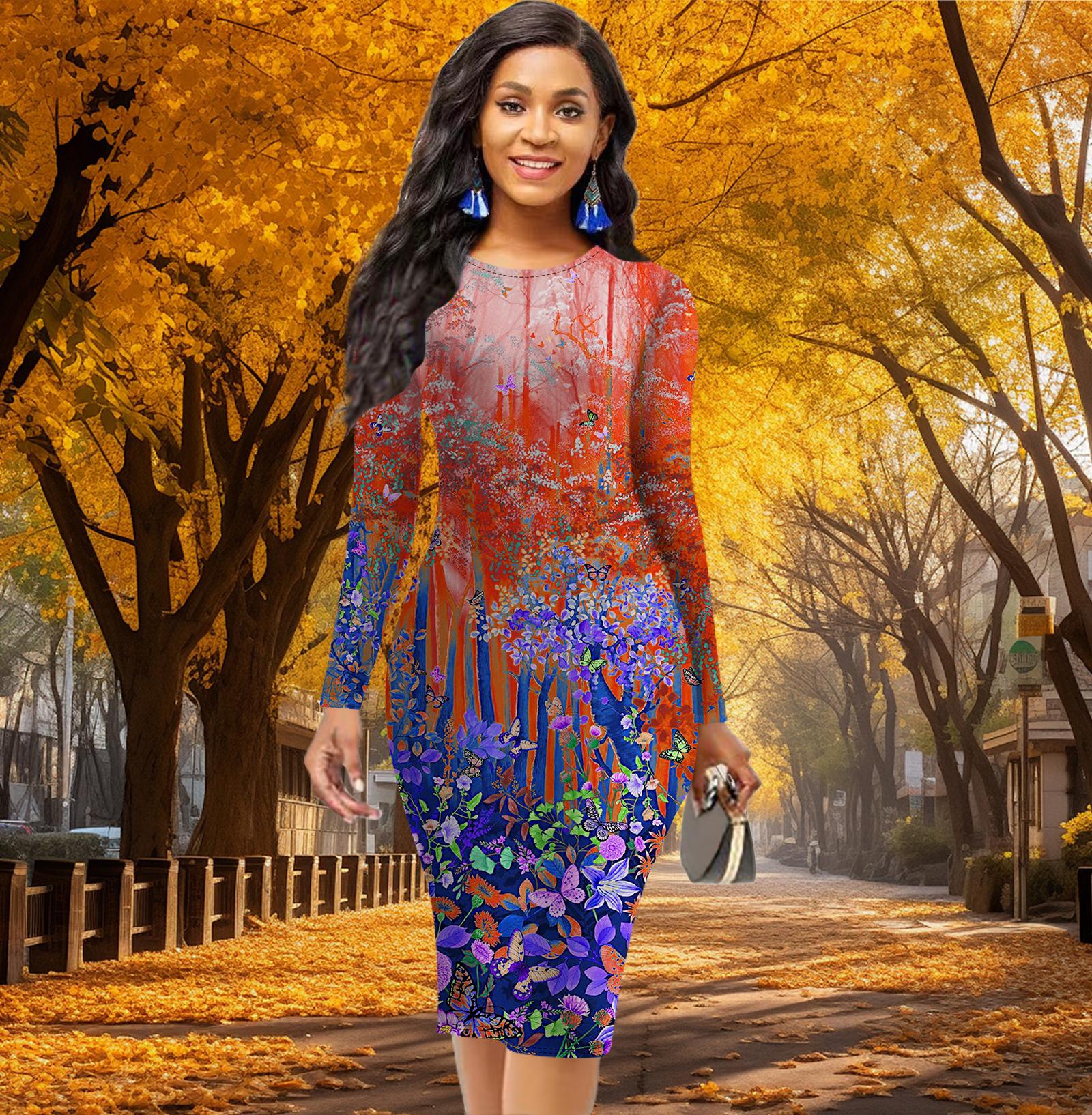 

Длинный рукав, облегающее, офисное, облегающее, с принтом синего леса, элегантное облегающее платье 8XL оранжевый