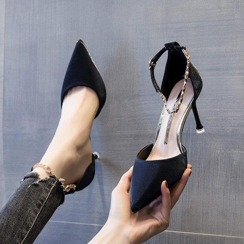 High heels women's one-word buckle with stiletto spring new temperament pointed hollow single shoes