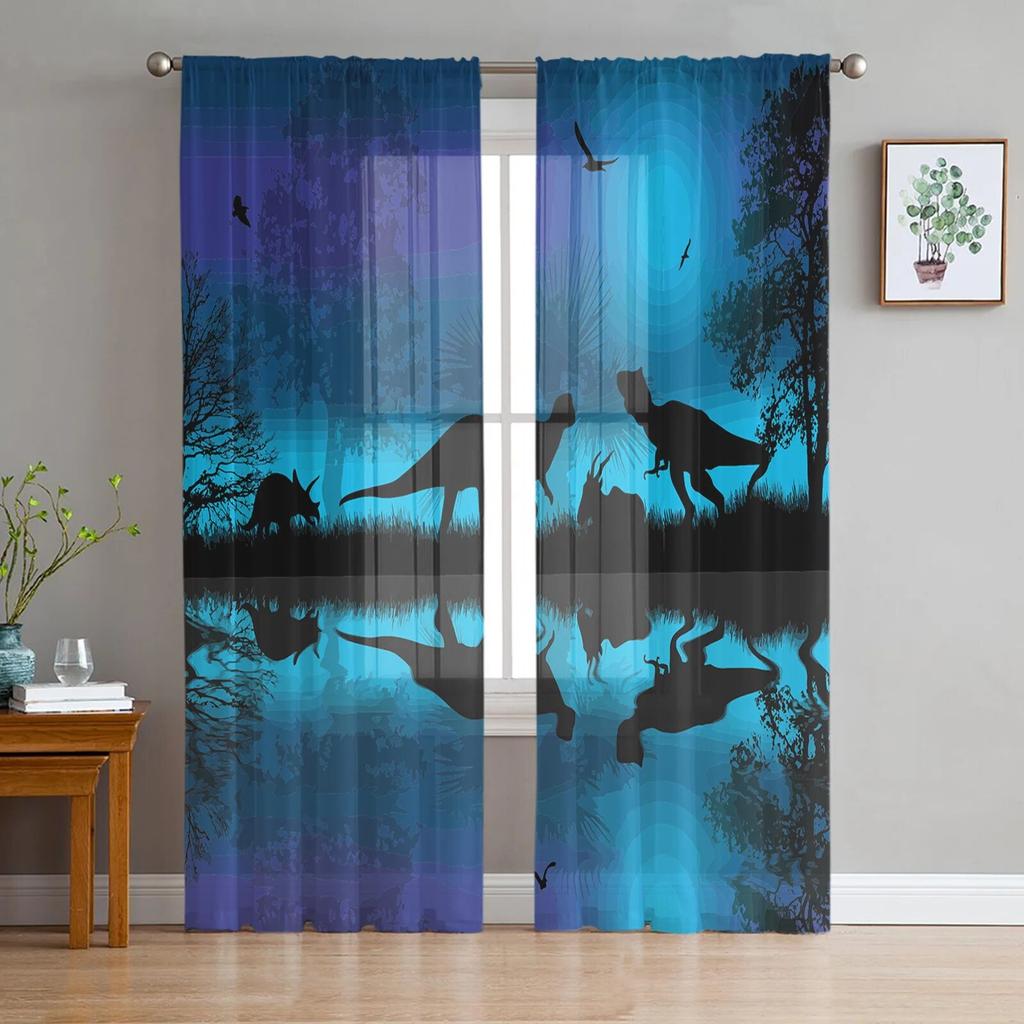 Jurassic 3D Dinosaur Virgin Forest Sheer Curtains for Living Room Bedroom Tulle Window Drapes for Kitchen Decoration