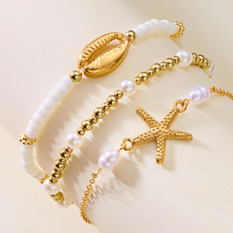 3Pcs Beach Beaded Anklet Set for Women Summer Gold Color Starfish Shell Charms Anklet Vacation Bohemian Zircon Gifts
