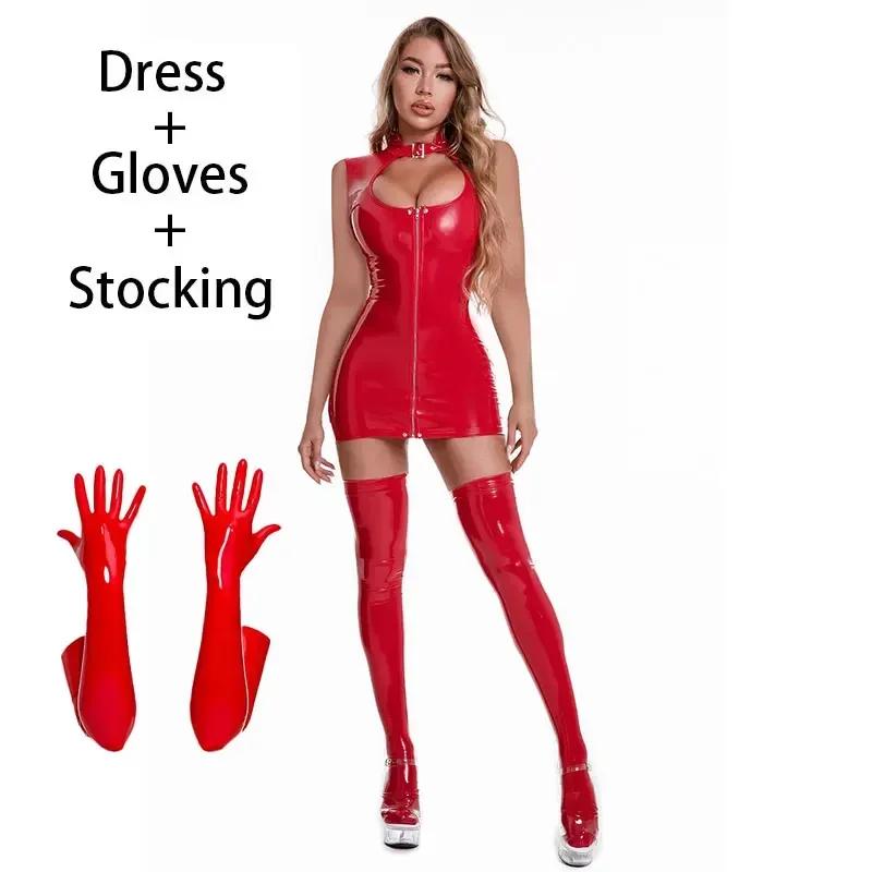 Women Sexy Shiny PVC Leather Dress Sleeveless Zipper Open Crotch Latex Sheath Bag Hip Skirt Sexy Porn Breast Exposing Dress
