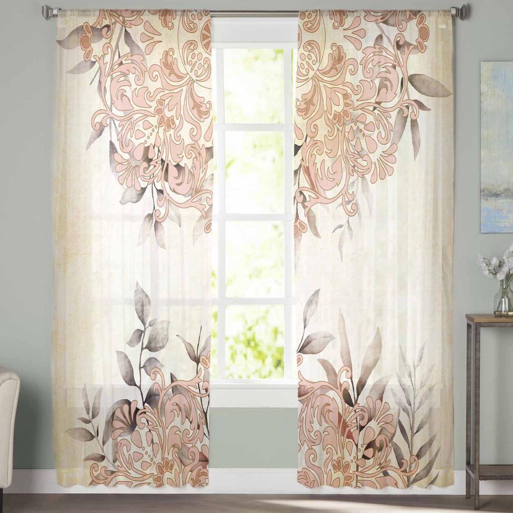 Cortinas de Tule com Folhas em Aquarela com Padrão Persa para Quarto Cortinas de Decoração de Casa de Luxo na Sala de Estar Painéis de Chiffon