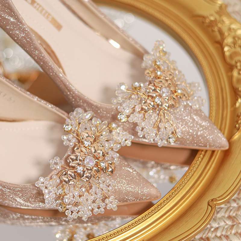 Champagne wedding shoes main wedding dress show two wear toast crystal shoes bride shoes gold engagement stiletto high heels women