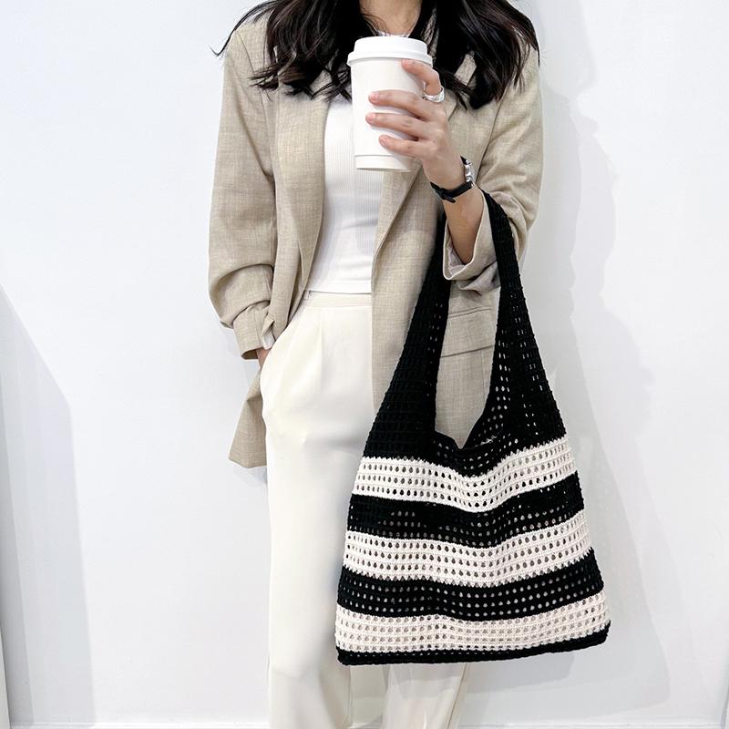 Knitted Shoulder Bags for Women Hollow Woven Crochet Bag Knitting Handbags Large Capacity Shopping Tote