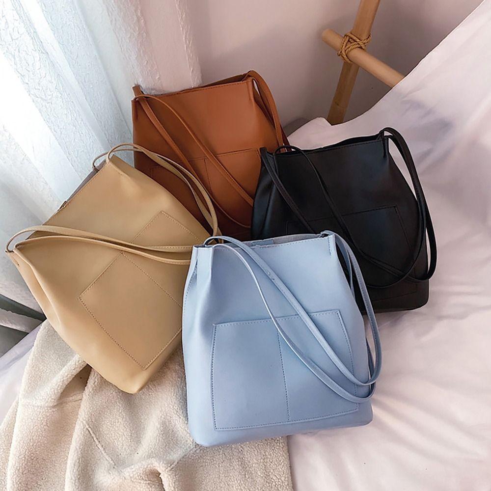 PU Leather Shoulder Bucket Bags Large Capacity Korean Style Tote Bag  Women Girls