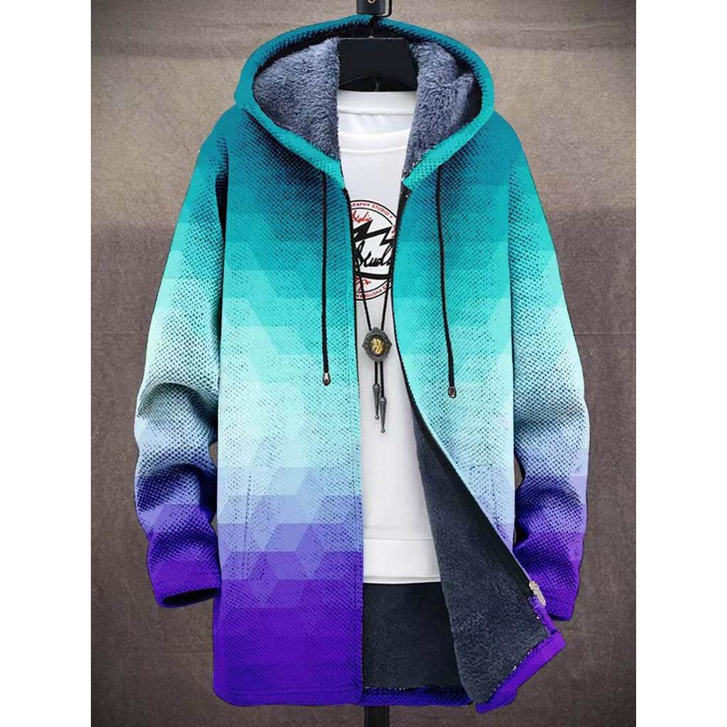 Men Cardigans Coats Geometric Stripe Square Printed Plush Thick Winter Abstract Art Graphics Jackets Casual Streetwear Clothing