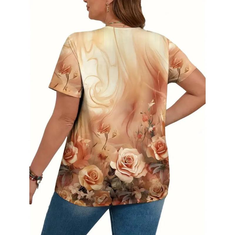 Summer Women's T Shirt Plus Size Flower Print Casual Short Sleeve 3d Fashion Streetwear V Neck Pullover Female Clothing Shirt