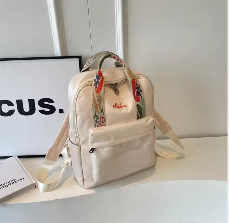 Nylon Fabric Fashion Backpack For Women Floral Hand Strap Pure Color Large Capacity Travel Bag Multi-pocket School Book Rucksack