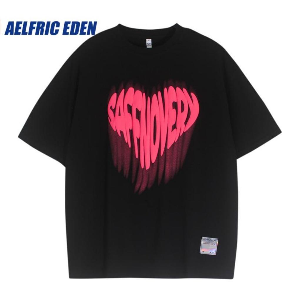 

Футболка свободного покроя Aelfric Eden Foam Heart Print Oversize Streetwear Hip Hop Love Heart Letter Print Tee Short sleeve Harajuku Casual Cotton S чёрный