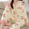 French Floral Faux Cotton Women's Pajama Set - Spring/Autumn Long Sleeve & Pants, Loose Cardigan Style for Middle-aged Women.