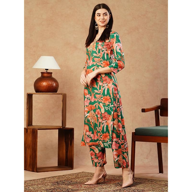 GoSriKi Women s Cotton Blend Straight Printed Kurta with Palazzo (Chinki Green-NW-GS_XL_Green_X-Large) XL зелёный