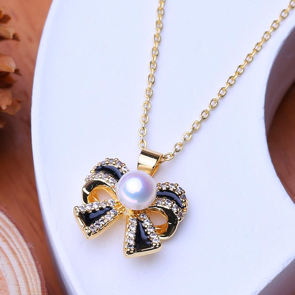 LSOOYH Collane di Gioielli con Perle d'Acqua Dolce Naturali per Donna Elegante Pendente Fiocco Colore Oro Regalo di Compleanno