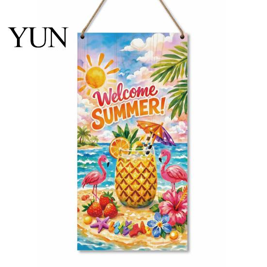 Refresh Home Decor Summer Wooden Hanging Sign, Welcome Sign Front Door with Farmhouse Wall Art Rope, Colorful Hanger for Seasonal Beach House