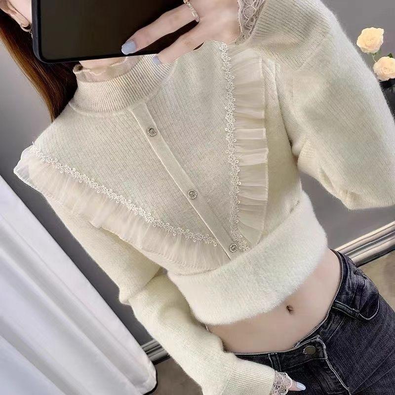 Women Ruffles Lace Patchwork Cashmere Sweater Autumn Winter Casual Knitted Jumpers Long Sleeve Slim Pullovers