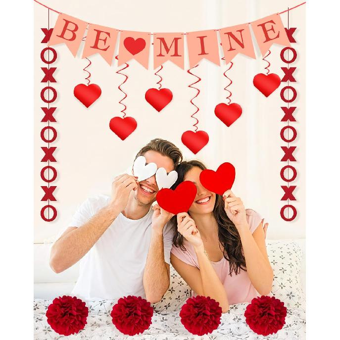 Valentines Day Decorations Kit, 13Pcs Valentines Day Decor with Hanging Heart Swirls, BE Mine XO Garlands Banner, Indoor Valentine Decorations for