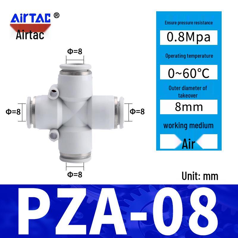 Pneumatic Nylon Air Hose Quick Connect Fittings: PU Straight, PY 5-Way, Cross 4-Way, PZA 3-Way, PE Connector with White/Blue Cap