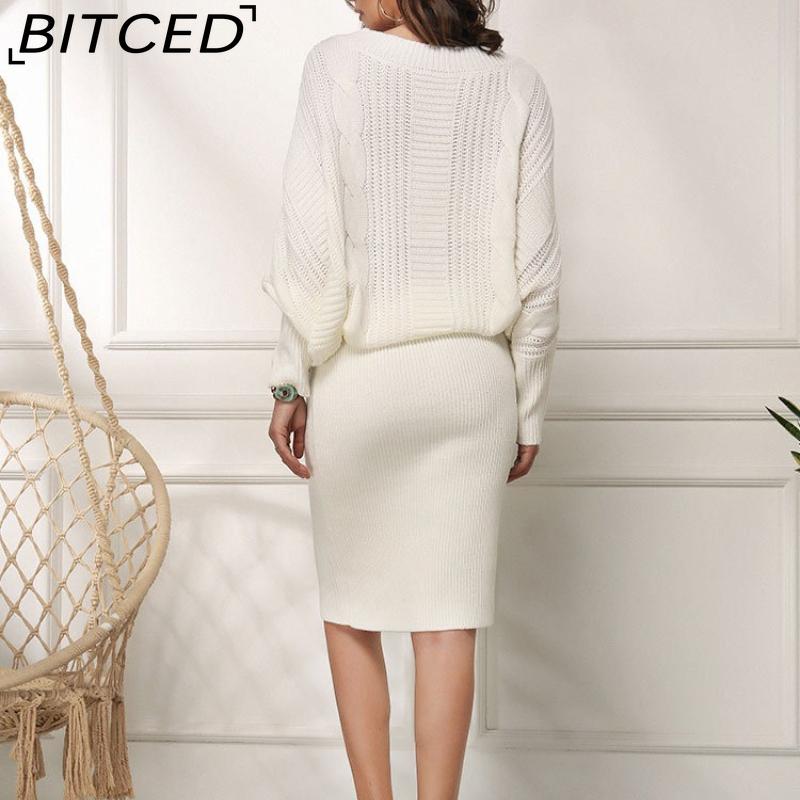 BITCED Autumn/Winter Plus Size Women's Loose Batwing Sleeve Knitted Long Pullover Dress